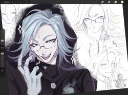  1boy aotsuki_eito art_program_in_frame artist_name black_jacket chibi chibi_inset commentary doodle_inset english_commentary eyeliner gakuran glasses gloves grey_eyes grey_hair highres jacket last_defense_academy_school_uniform looking_at_viewer makeup male_focus multiple_views official_art_inset open_mouth parted_lips red_eyeliner rosieyart school_uniform short_hair sketch_inset sparkle the_hundred_line_-last_defense_academy- white_gloves 