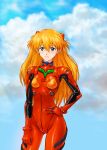  blue_eyes bodysuit cloud hand_on_hip highres hips jmogutan neon_genesis_evangelion orange_hair plugsuit shikinami_asuka_langley sky solo soryu_asuka_langley souryuu_asuka_langley 