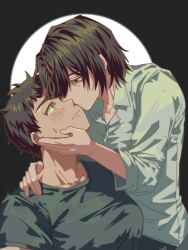  2girls bdddddd5 black_hair blush breasts brown_eyes circle collarbone collared_shirt commentary_request embarrassed eye_contact from_side genderswap genderswap_(mtf) grey_background hand_on_another's_cheek hand_on_another's_face hand_on_another's_shoulder highres kawauchi_kento kiss kissing_cheek large_breasts lesson_(visual_novel) looking_at_another mature_eyes mature_female medium_hair mole mole_under_mouth multiple_girls muscular muscular_female one_eye_covered shirt short_hair sweatdrop t-shirt tan tear_troughs thick_eyebrows tomboy upper_body very_short_hair white_shirt wide-eyed yoshino_takafumi yuri 