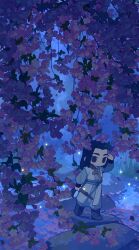  1boy blue_eyes boots chinese_clothes closed_mouth falling_petals fireflies flower forest highres long_hair low_ponytail male_focus nature night official_art outdoors petals ponytail river solo sword the_legend_of_luo_xiaohei tree weapon wuxian_(the_legend_of_luo_xiaohei) zaoshu 