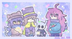  2girls 2others :3 a_hat_in_time absurdres ahoge androgynous animal_hat arm_at_side black_eyes blue_jacket blue_pants blue_scarf blue_umbrella brown_coat brown_hair brown_hat bug cape cat_hat celeste_(game) child closed_eyes closed_mouth closed_umbrella coat colored_sclera commentary crossover english_commentary firefly food fruit grey_cloak hat hat_kid hat_ribbon highres holding holding_bulb holding_light_bulb holding_umbrella hollow_knight horns jacket knight_(hollow_knight) light_bulb long_hair long_sleeves looking_at_viewer madeline_(celeste) medium_hair multiple_crossover multiple_girls multiple_others niko_(oneshot) oneshot_(game) outline pants pink_eyes pink_hair ponytail purple_background purple_hair purple_hat purple_jacket ribbon scarf sidelocks sleeves_past_fingers sleeves_past_wrists smile strawberry top_hat umbrella very_long_hair white_outline yellow_cape yellow_ribbon yellow_sclera yogurt_mii zipper_pull_tab 