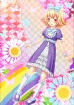  1girl :d blonde_hair bow butterfly butterfly_wings dress fairy floral_background frills hair_bow kneehighs nekotsuno_(3125744) open_mouth original purple_dress rainbow red_eyes short_hair smile solo white_legwear wings 