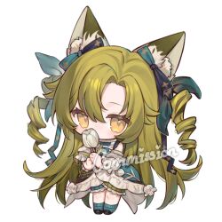  1girl animal_ear_fluff animal_ears aqua_socks black_shoes blush chibi chibi_only chinese_commentary commentary_request commission covered_mouth detached_sleeves dress drill_hair flower frilled_dress frilled_sleeves frills full_body green_hair hair_ribbon holding holding_flower miyayoki multiple_hair_ribbons original parted_bangs ribbon shoes socks standing tulip twin_drills two_side_up watermark white_background yellow_eyes 