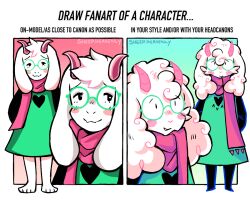  1boy animal_ears aqua_background black_pants black_sleeves blush border deltarune floppy_ears fluffy furry furry_male glasses goat goat_boy goat_ears goat_horns green-framed_eyewear green_robe horns multiple_drawing_challenge no_sclera on-model_vs_in_your_style_challenge pants pink_background pink_horns pink_scarf ralsei robe scarf sheepheavenly utdr_(toby_fox) white_border white_fur 