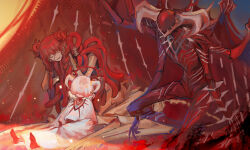  1girl 2others braid cape capelet colored_skin dress extra_arms faceless halo highres le_rouge_brand_director limbus_company long_hair low_twin_braids monster multiple_others nishikujic project_moon pwie_(project_moon) red_cape red_hair red_halo red_skin short_hair skinned twin_braids veil white_capelet white_dress white_hair white_veil 