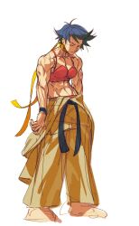  1girl abs belt biceps black_belt bra breasts choker closed_eyes clothes_around_waist deltoids dougi highres jacket jacket_around_waist makoto_(street_fighter) martial_arts_belt medium_breasts muscular muscular_female panties panty_peek red_bra red_panties ribbon ribbon_choker short_hair slumped solo standing street_fighter street_fighter_iii_(series) triceps underwear unfinished white_background yellow_ribbon zero_setsu 