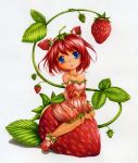  blue_eyes blush breasts cleavage detached_sleeves dress fairy food food_themed_clothes fruit highres in_food minigirl original oversized_object personification red red_dress red_hair redhead shoes silvessterio sitting skirt solo strawberry 