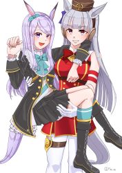  2girls absurdres animal_ears aqua_bow aqua_socks armband black_boots black_jacket black_skirt blunt_bangs blush boots bow bowtie breasts brown_hat carrying coat dress ear_bow ear_ribbon fimi_ss frilled_coat frilled_jacket frills gloves gold_ship_(red_strife)_(umamusume) gold_ship_(umamusume) grey_hair hat highres horse_ears horse_girl horse_tail jacket large_breasts long_hair long_sleeves looking_at_viewer mejiro_mcqueen_(frontline_elegance)_(umamusume) mejiro_mcqueen_(umamusume) multiple_girls open_mouth pantyhose pillbox_hat princess_carry purple_hair red_bow red_dress shirt skirt sleeveless sleeveless_dress smile socks striped_armband striped_clothes striped_shirt tail umamusume violet_eyes white_gloves white_pantyhose 