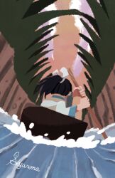  1boy black_hair bowl_boat brown_sky commentary_request highres issun-boushi issun-boushi_(character) long_hair long_sleeves male_focus mini_person miniboy ponytail ribbon river rowing seyana_(seyanaillust) signature sky solo white_ribbon 