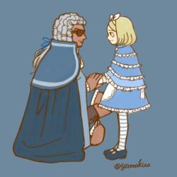  1boy 1girl age_difference blonde_hair blue_background blue_cape blue_ribbon blue_skirt cape capelet classic_lolita classicaloid commentary_request crying frilled_capelet frills full_body gloves hairband holding_hands johann_sebastian_bach_(classicaloid) lolita_fashion mary_janes pantyhose ponytail powdered_wig pyotr_illyich_tchaikovsky_(classicaloid) ribbon sad shoes short_hair signature simple_background skirt striped_clothes striped_pantyhose white_gloves white_hairband wig yatta_kita 