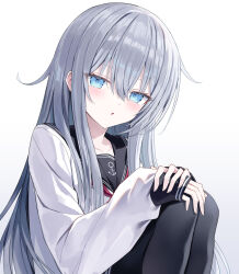  1girl anchor_symbol black_sailor_collar black_skirt black_thighhighs blue_eyes blush collarbone commentary crossed_bangs double-parted_bangs feet_out_of_frame flat_chest from_side grey_hair hair_between_eyes hands_on_own_knees hibiki_(kancolle) highres kantai_collection knees_up long_hair long_sidelocks long_sleeves looking_at_viewer neckerchief parted_lips red_neckerchief sailor_collar school_uniform serafuku shikuro_(iorimiyakiyo) shirt sidelocks simple_background sitting skirt sleeves_past_wrists solo thigh-highs turning_head very_long_hair white_background white_shirt 
