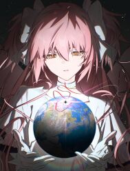  1girl absurdly_long_hair birthday bow choker dress earth_(planet) english_commentary gloves goddess_madoka h_tora4 hair_bow highres kaname_madoka long_hair magical_girl mahou_shoujo_madoka_magica mahou_shoujo_madoka_magica_(anime) parted_lips pink_hair planet ribbon_choker two_side_up very_long_hair white_bow white_choker white_dress white_gloves yellow_eyes 