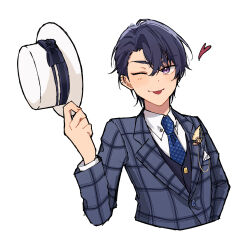  1boy :p ;p black_bow black_hair black_vest blue_jacket blue_necktie bow collared_shirt cropped_torso hair_between_eyes hand_up hat hat_bow heart highres holding holding_unworn_clothes holding_unworn_hat jacket looking_at_viewer male_focus marius_von_hagen_(tears_of_themis) mtkignsn necktie one_eye_closed shirt simple_background solo tears_of_themis thick_eyebrows tongue tongue_out unworn_hat unworn_headwear upper_body vest violet_eyes white_background white_hat white_shirt 