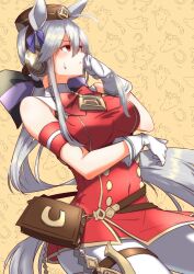  1girl animal_ears black_bow bow bowtie buttons commentary_request cosplay double-parted_bangs dress gloves gold_ship_(red_strife)_(umamusume) gold_ship_(umamusume) gold_ship_(umamusume)_(cosplay) hat highres horse_ears long_sidelocks looking_to_the_side low_ponytail pantyhose pillbox_hat ponytail red_bow red_dress red_eyes ryusei_(ster0629) sidelocks striped_bow sweat sweatdrop two-tone_bow umamusume vocaloid white_gloves white_hair white_pantyhose yowane_haku 