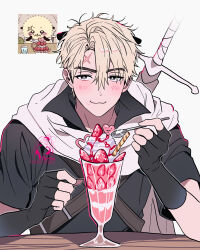  1boy :3 absurdres animal_ears black_gloves black_shirt blonde_hair blush chiikawa commentary_request cross_scar dixretsa fingerless_gloves food fruit gloves hand_up highres ice_cream_spoon otter_ears parfait rakko_(chiikawa) scar scar_on_face scar_on_forehead shirt smile solo sparkle spoon strawberry sword sword_on_back wafer_stick weapon weapon_on_back 