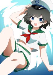  1girl anchor_symbol black_hair blue_eyes blush cl_17_3545 commentary_request hat highres looking_at_viewer midriff murasa_minamitsu neckerchief open_mouth red_neckerchief sailor_hat shirt short_hair short_sleeves shorts smile solo thighs touhou water white_shirt white_shorts 