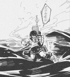  1girl anchor_symbol boots commentary_request fubuki_(kancolle) greyscale hair_between_eyes highres kantai_collection kneehighs long_hair looking_at_viewer low_ponytail mast miniskirt monochrome ocean on_water pleated_skirt pointing pointing_at_viewer ponytail rigging sailor_collar sakuratamaru school_uniform serafuku ship_turret sidelocks sketch skirt smoke smokestack socks solo speech_bubble thigh_strap thighs torpedo_tubes translation_request waves 