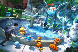  abomasnow alolan_vulpix animal_focus blue_fur blue_sclera buizel claws colored_sclera ducklett eevee eyelashes fangs flareon fountain glaceon highres ice_type_theme_(pokemon) marill mcgmark nostrils painterly pokemon pokemon_(creature) pokemon_focus psyduck signature snom snow squirtle tree vanillite vulpix water_type_theme_(pokemon) web_address wooper 