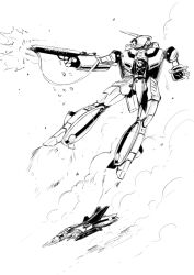  battroid clouds commentary_request energy_cannon firing flying gun gunpod jolly_roger machine_gun macross macross:_do_you_remember_love? mecha mecha_focus monochrome muzzle_flash no_humans robot science_fiction shimotsuki_juugo thrusters variable_fighter vf-1 vf-1a weapon white_background 