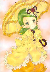  1girl bloomers brown_ribbon classic_lolita cowboy_shot dot_nose dress drill_hair flower forehead frilled_bloomers frilled_dress frilled_sleeves frilled_umbrella frills green_eyes green_hair hair_flower hair_ornament hair_ribbon highres holding holding_umbrella juliet_sleeves kanaria lolita_fashion long_sleeves medium_hair neck_ribbon official_art orange_background orange_bloomers parasol peach-pit puffy_sleeves red_flower red_rose ribbon rose rozen_maiden scan solo standing swept_bangs third-party_source twin_drills umbrella yellow_dress yellow_umbrella 