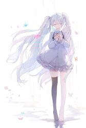  1girl 25-ji_miku aqua_nails black_thighhighs blue_flower bug butterfly chest_harness closed_eyes closed_mouth collared_shirt commentary_request facing_viewer floating_hair flower frilled_skirt frilled_sleeves frills full_body grey_hair hair_between_eyes hands_up harness hatsune_miku highres long_hair long_sleeves nail_polish neck_ribbon no_shoes project_sekai rain red_ribbon ribbon shirt sidelocks simple_background single_bare_foot single_bare_leg single_thighhigh skirt solo standing thigh-highs twintails very_long_hair vocaloid white_background white_shirt white_skirt yue_yue zettai_ryouiki 