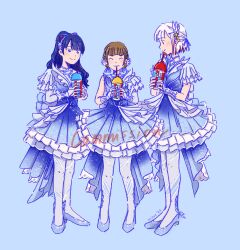  3girls ^_^ blue_background blue_dress blue_hair blue_pantyhose blue_shoes closed_eyes colored_inner_hair commentary commission cup disposable_cup dollchestra dress drink drinking drinking_straw drinking_straw_in_mouth english_commentary frilled_dress frills full_body high_heels high_ponytail highres holding holding_cup holding_drink icee icy_(love_live!) kachimachi_kosuzu long_hair looking_at_another love_live! love_live!_hasu_no_sora_jogakuin_school_idol_club mizoe multicolored_hair multiple_girls murano_sayaka pantyhose ponytail pun red_streaks shoes short_dress short_sleeves simple_background streaked_hair virtual_youtuber wavy_mouth white_hair yugiri_tsuzuri 