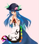 agenasu blue_hair food fruit hat hinanawi_tenshi long_hair long_skirt peach pink_background simple_background skirt solo touhou