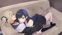  2girls azusawa_kohane bare_shoulders black_choker black_jacket black_ribbon black_skirt black_socks blonde_hair choker closed_mouth commentary couch cuddling dot_nose girl_on_top hair_ribbon highres indoors jacket long_hair long_sleeves looking_at_another lying multiple_girls no_shoes on_couch one_side_up open_mouth profile project_sekai purple_hair ribbon shiraishi_an shirt skirt sleeveless sleeveless_shirt small_sweatdrop smile socks straight_hair tantantan21 untranslatable_commentary violet_eyes white_shirt yellow_eyes yuri 