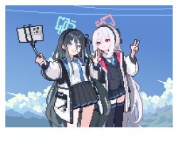  2girls aqua_halo aris_(blue_archive) black_hair black_hairband black_thighhighs blue_archive blue_eyes blue_necktie blush cellphone clouds commentary day double-parted_bangs hair_between_eyes hairband halo holding holding_stick jacket kei_(blue_archive) lav2pix long_hair long_hair_between_eyes long_sleeves multicolored_jacket multiple_girls necktie one_side_up open_mouth outdoors phone pink_eyes pink_halo pixel_art rectangular_halo selfie_stick shirt skirt sky smartphone smile stick thigh-highs two-tone_jacket untranslatable_commentary very_long_hair white_hair white_shirt zettai_ryouiki 