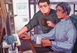  2boys ayataka_(tmtayata) black_hair black_shirt blue_sweater coffee_mug computer computer_keyboard computer_mouse contemporary cup desk_lamp facial_hair goatee_stubble golden_kamuy holding holding_computer_mouse holding_cup indoors koito_otonoshin lamp looking_at_screen male_focus mug multiple_boys open_mouth shirt short_hair sitting stubble sweater tsukishima_hajime 
