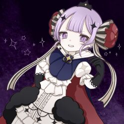  1girl black_gloves cape clenched_teeth commentary_request dress frilled_dress frills gloves hair_ornament hand_on_own_hip highres magical_girl mahou_shoujo_ikusei_keikaku mahou_shoujo_ikusei_keikaku_unmarked purple_hair qoo_1025 ribbon ruler_(mahoiku) short_hair star_(symbol) star_symbol_background teeth violet_eyes 