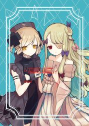  2girls absurdres animal_print argyle_background bird_print black_bow black_dress black_gloves blonde_hair bow butter_run closed_mouth commentary_request dress eyepatch gloves grey_hair hair_ornament hat highres long_hair magical_girl mahou_shoujo_ikusei_keikaku mahou_shoujo_ikusei_keikaku_restart multiple_girls nurse_cap pfle pink_bow purple_bow red_eyes shadowgale short_hair string wide_sleeves x_hair_ornament yellow_eyes 