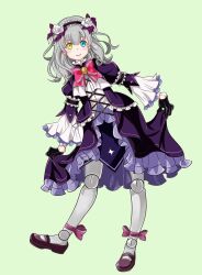  1girl braid commentary_request crown_braid doll_joints double-parted_bangs dress eiyuu_densetsu flower_hairband frilled_dress frilled_hairband frills gothic_lolita hairband hajimari_no_kiseki highres joints koi_kaoru lapis_rosenberg lolita_fashion lolita_hairband looking_at_viewer purple_dress purple_hairband short_hair simple_background smile white_hair 