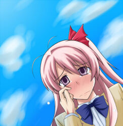  1boy 1girl antenna_hair blazer blood blood_on_clothes blood_on_hand blue_sky bow bowtie brown_jacket chaos;head character_request check_character commentary_request crying dress_shirt from_above hair_between_eyes jacket lapels long_hair nishijou_takumi notched_lapels okota1869 pink_eyes pink_hair pov pov_hands purple_bow purple_bowtie red_ribbon red_trim ribbon sad sakihata_rimi school_uniform science_adventure shirt sky streaming_tears suimei_academy_school_uniform tears very_long_hair white_shirt winter_uniform wiping_another's_tears 
