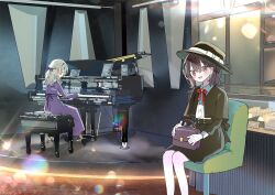  2girls absurdres bag black_capelet black_hat black_skirt blonde_hair blush bow bowtie brown_eyes brown_hair capelet closed_mouth collared_shirt commentary_request grand_piano hair_bow handbag hat hat_bow highres holding holding_bag indoors instrument long_sleeves looking_at_viewer maribel_hearn missing_headwear multiple_girls open_mouth piano playing_instrument playing_piano purple_bow purple_shirt purple_skirt red_bow red_bowtie shirt shirt_tucked_in sitting skirt smile tamagogayu1998 touhou usami_renko white_bow white_shirt 