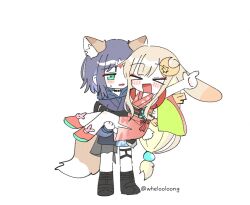  >_< 2girls animal_ears black_boots blonde_hair blue_eyes blue_hair blue_hoodie boots carrying carrying_person chibi chibi_only cho_kaguya-hime! colored_inner_hair commentary crescent crescent_hair_ornament fox_ears fox_girl fox_tail green_eyes hair_ornament hood hood_down hoodie kaguya_(cho_kaguya-hime!) kaguya_(tsukuyomi)_(cho_kaguya-hime!) long_hair low-tied_long_hair multicolored_hair multiple_girls open_mouth rabbit_ears rabbit_girl rabbit_tail sakayori_iroha sakayori_iroha_(tsukuyomi) simple_background sweatdrop tail untranslatable_commentary very_long_hair wheloo3rd white_background 