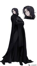  1girl absurdres akai_034 arms_under_breasts black_boots black_cloak black_hair black_robe boots breasts cloak commentary curtained_hair english_commentary genderswap genderswap_(mtf) harry_potter_(series) highres large_breasts mature_female robe severus_snape severus_snape_(redteneri) shirt short_hair simple_background slytherin white_background wizarding_world 