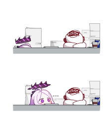  black_horns blue_archive can chibi coffee commentary_request cup demon_girl demon_horns desk disposable_cup doodle_sensei_(blue_archive) halo highres hina_(blue_archive) horns multiple_horns office paper paper_stack papers purple_halo red_bull sensei_(blue_archive) sleeping uz_(uzru0428) violet_eyes white_hair 
