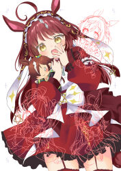  1girl absurdres ahoge animal_ears black_jacket blunt_bangs blunt_ends blunt_sidelocks blush brown_hair brown_headdress character_doll commentary_request doll dress frilled_hairband frills garter_straps hair_between_eyes hair_over_one_eye hairband highres holding holding_doll horse_ears horse_girl horse_tail jacket kosuzume long_hair long_sleeves looking_at_viewer open_mouth red_desire_(divine_raiment)_(umamusume) red_desire_(umamusume) red_dress red_garter_straps red_hair red_hairband red_headdress red_thighhighs red_veil sidelocks star_ornament tail thigh-highs thighs umamusume veil vodka_(umamusume) vodka_(wild_top_gear)_(umamusume) yellow_eyes 