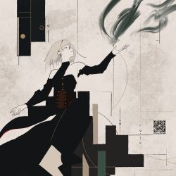  1girl bang_dream! bang_dream!_it's_mygo!!!!! black_dress blonde_hair brown_corset chinese_commentary commentary_request corset detached_sleeves doloris_(bang_dream!) dress earrings german_commentary highres jewelry long_sleeves medium_hair misumi_uika mixed-language_commentary qr_code solo violet_eyes zhangji318969 