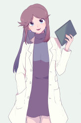  1girl black_dress blue_eyes brown_hair clipboard commentary_request dress earrings green_(pokemon) grey_background highres holding holding_clipboard jewelry lab_coat long_hair long_sleeves looking_at_viewer open_mouth pokemon pokemon_adventures simple_background solo yui_ko 