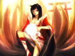  :o ahri animal_ears bamboo bell black_hair breasts cleavage detached_sleeves facial_mark fox_ears fox_tail helrouis highres league_of_legends long_hair multiple_tails skirt slit_pupils solo tail yellow_eyes 