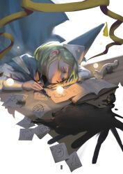  cape child closed_eyes coco_(tongari_boushi_no_atelier) commentary conical_hat english_commentary fishobject green_hair hat highres holding holding_pen ink notebook pen short_hair simple_background sleeping sleeping_on_desk spill tongari_boushi_no_atelier upper_body white_background 