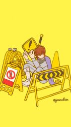 1boy boots brown_hair cape classicaloid commentary_request frederic_chopin_(classicaloid) hair_over_eyes holding holding_sign long_sleeves male_focus nervous purple_cape short_hair sign signature simple_background sitting track_suit traffic_cone wet_floor_sign white_boots yatta_kita yellow_background 