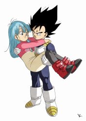  1boy 1girl black_hair blue_eyes blue_hair boots bulma carrying commentary_request dragon_ball dress gloves highres kakeru_(dbskakeru) looking_at_another pink_dress princess_carry red_boots simple_background toriyama_akira_(style) two-tone_dress vegeta white_background white_boots white_dress white_gloves 