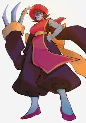  1girl absurdres blue_skin breasts brown_hair chinese_clothes claw_(weapon) claws colored_skin darkstalkers franzkafkaffee hand_on_own_hip hat highres hsien-ko jiangshi looking_at_viewer muscular muscular_arms muscular_female ofuda purple_shoes qingdai_guanmao sash shoes simple_background solo_focus weapon white_background yellow_sash 