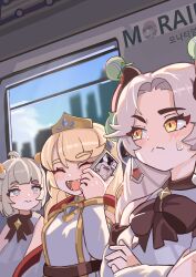  3girls :< absurdres ahoge ball black_ribbon blonde_hair cape cellphone closed_eyes closed_mouth commentary_request crossed_arms dangle_earrings detached_sleeves dochsaechi dragon_ears dragon_girl dragon_horns dress elena_(trickcal) erpin_(trickcal) fangs forehead frown grey_eyes grey_hair highres horns korean_commentary multiple_girls neck_ribbon open_mouth parted_bangs phone pointy_ears red_cape ribbon silvia_(trickcal) smartphone smile sweatdrop tennis_ball tennis_ball_on_horns tiara train_interior trickcal vivi_(trickcal) white_dress yellow_eyes you're_doing_it_wrong 