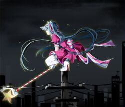  1girl absurdres building city commentary dark hatsune_miku highres holding holding_wand ima_sugu_rinne_(vocaloid) magical_girl n_neko_mizu squatting twintails untranslatable_commentary utility_pole vocaloid wand 