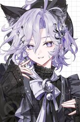  0jae 1boy ahoge alternate_costume animal_ear_fluff animal_ears artist_name bell beret black_hat black_shirt bow bowtie bright_pupils cat_ears chain checkered_background commentary crescent crescent_hair_ornament earrings fake_animal_ears four-pointed_star frills genshin_impact hair_between_eyes hair_ornament hairclip hands_up hat jewelry jingle_bell long_sleeves looking_at_viewer male_focus mitya_(genshin_impact) neck_bell puffy_long_sleeves puffy_sleeves purple_hair ring shirt short_hair single_earring smile solo star_(symbol) star_earrings star_hair_ornament teeth untranslatable_commentary upper_body violet_eyes wavy_hair white_background white_bow white_bowtie white_pupils wide_sleeves x_hair_ornament 