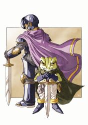  2boys blue_boots blue_gloves boots cape chrono_trigger commentary_request cyrus_(chrono_trigger) frog_(chrono_trigger) frog_boy full_body gloves green_cape helmet highres holding holding_sword holding_weapon kakeru_(dbskakeru) looking_at_viewer multiple_boys pants planted planted_sword purple_cape signature solo standing sword toriyama_akira_(style) v weapon white_pants 